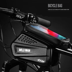 WILD MAN Rainproof Bicycle Bag Frame Front Top Tube Cycling Bag 6.5in Phone Case Touchscreen Bag Reflective MTB Bike Accessories