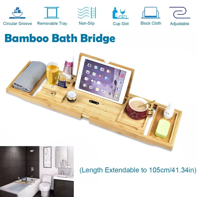 Foldable Bamboo Handmade Bath Tray Bathroom Shelves Apply for Pad/Book