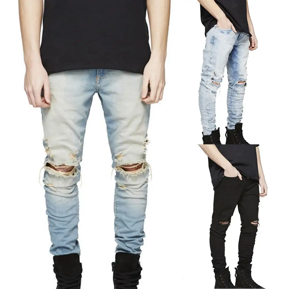 Модные уличные стильные мужские трендовые Узкие рваные джинсы эластичные рваные узкие джинсы