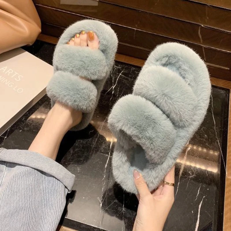 Indoor Women Fur Slippers Fluffy Soft Furry Slides Thick Flats Heel Non Slip House 12