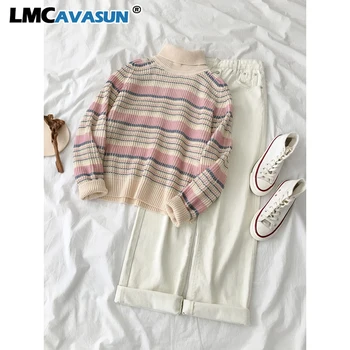 

Autumn Casual Pant Set Women Striped Long Sleeve Oversize Loose Sweater + White High Waist Denim Cowboy Trousers Matching Set