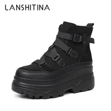 Осенние женские ботильоны; высокие кроссовки без застежки; мотоциклетные ботинки на платформе; зимняя теплая повседневная женская обувь на меху на танкетке 7 см