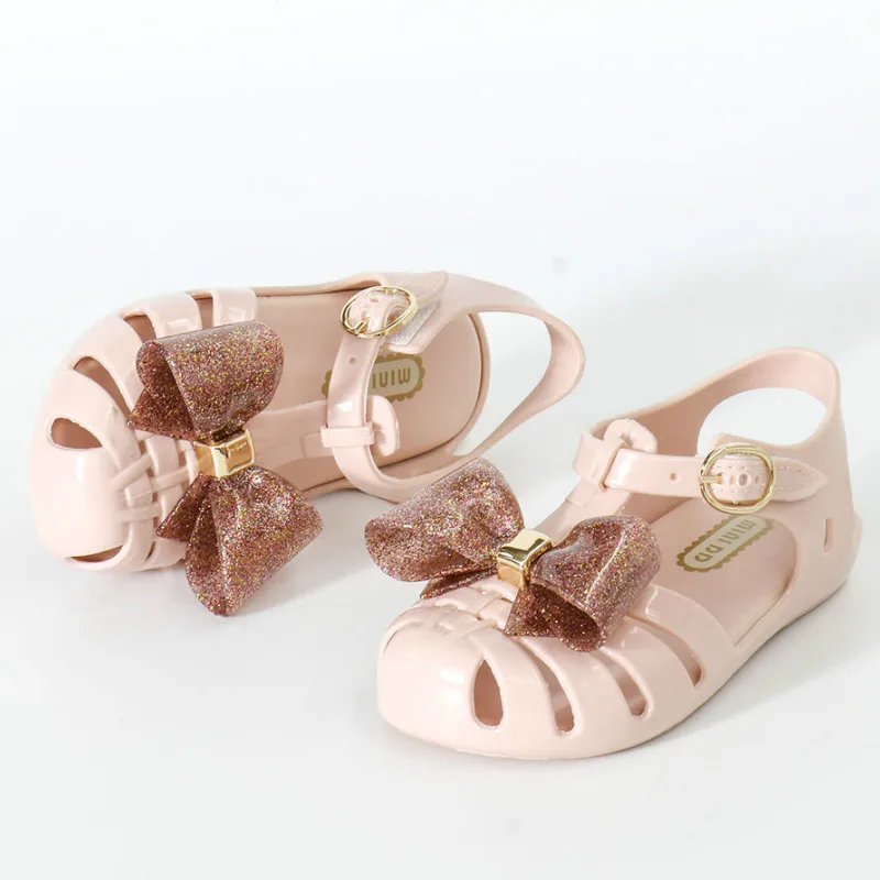 

Mini Melissa Jelly Shoe Kids Girl Sandals Beautiful Bowtie Shoes Casual Girl Silver Children Flat Sandal Breathable Non-Slippery