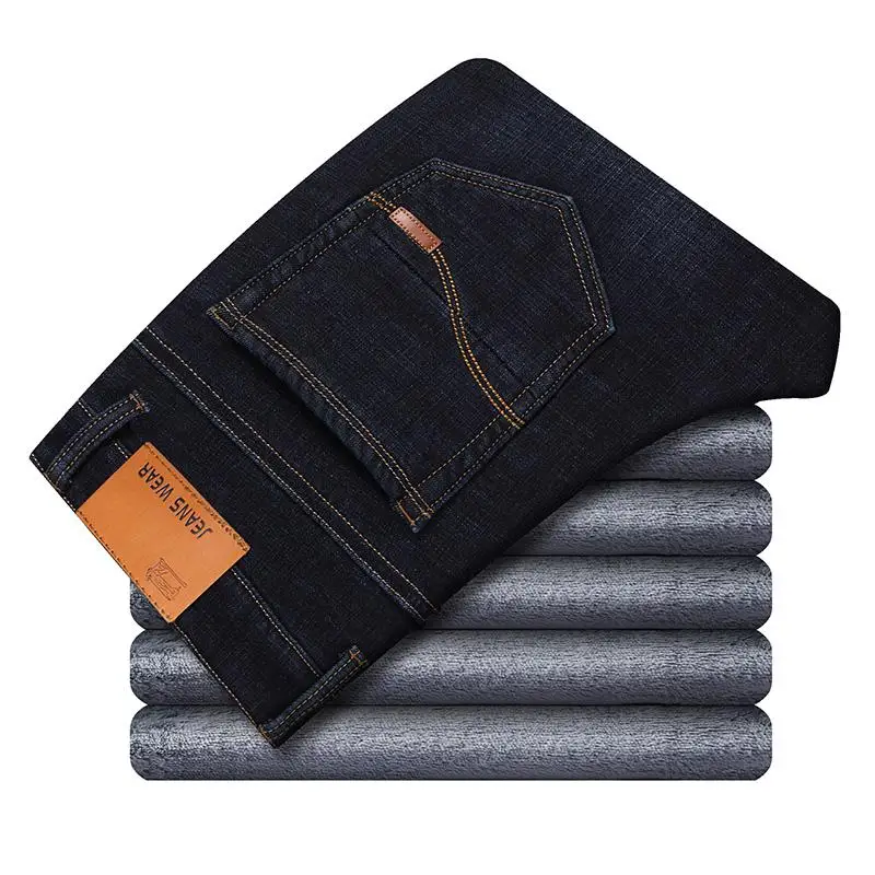 Blue Black 1823 Зимние теплые фланелевые Стрейчевые джинсы для мужчин s, зимние качественные мужские флисовые штаны от известного бренда, прямые флокированные брюки, мужские джинсы - Цвет: Blue Black 1823