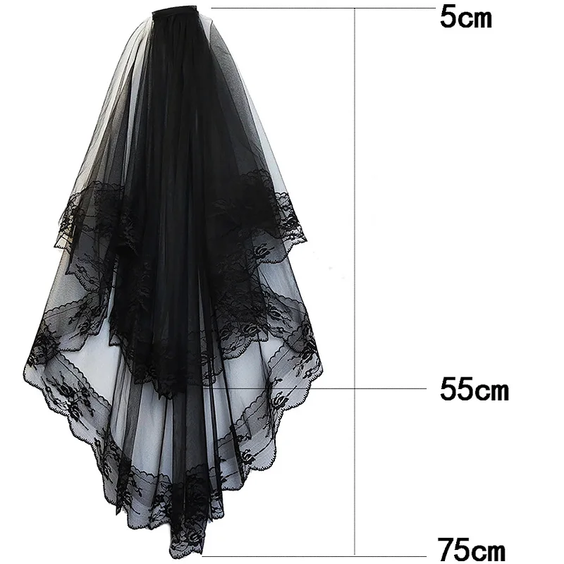 Bridal Veil Halloween Black White Bridal Lace Veils With Comb Short Two Layer Elegant Women Wedding