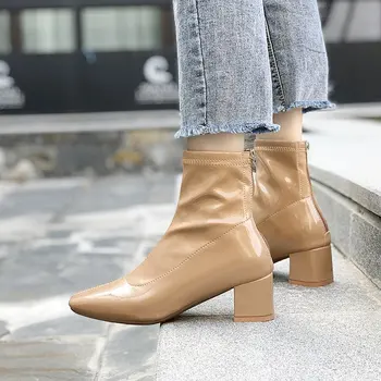 

Woman 2020 Autumn winter Fashion Ankle Boots Square Toe Mid Heels Women Elegant Pumps Ladies Zip Female Sewing Shoes Footwear