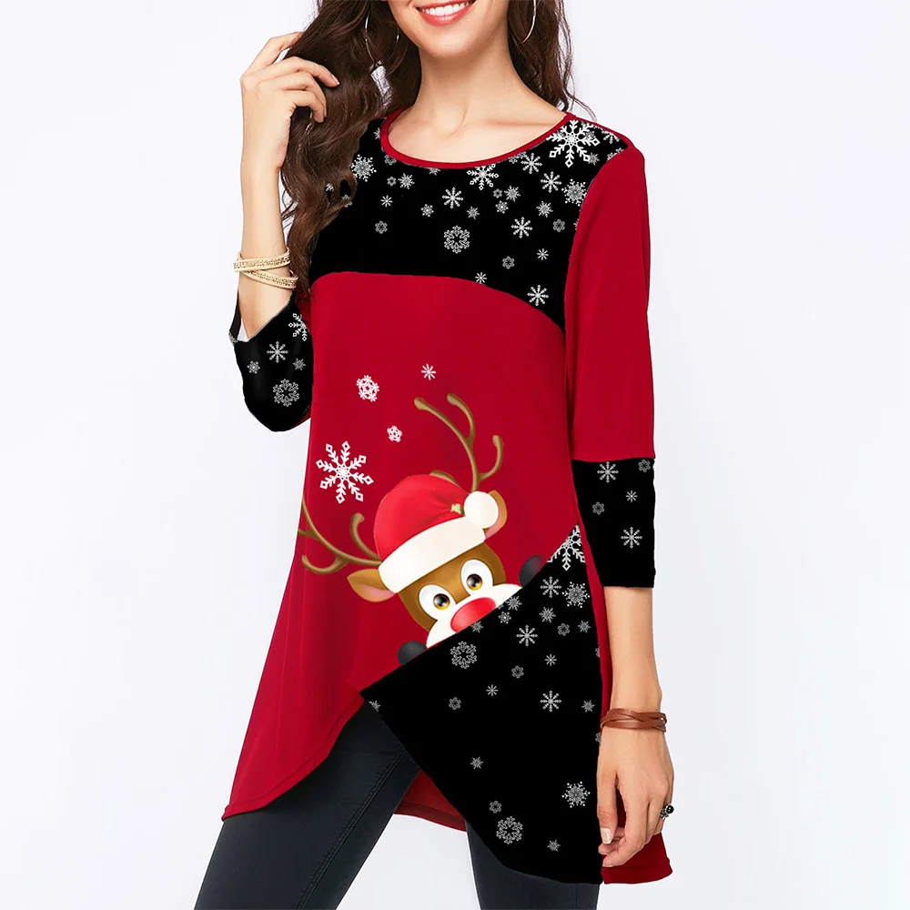 Рождественская женская футболка, топы с принтом, Рождественская женская футболка с длинными рукавами и круглым вырезом, Женская Праздничная блузка с неровным подолом, костюм D30