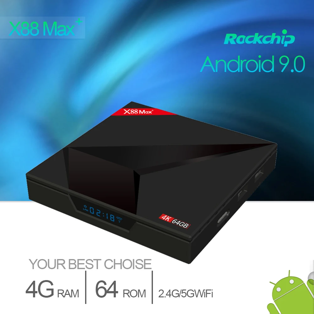  Android 9.0 TV Box 4GB 64GB X88 Max+ RK3318 Quad-Core 64bit Cortex-A53 100M Dual Wifi BT4.0 H.265 4