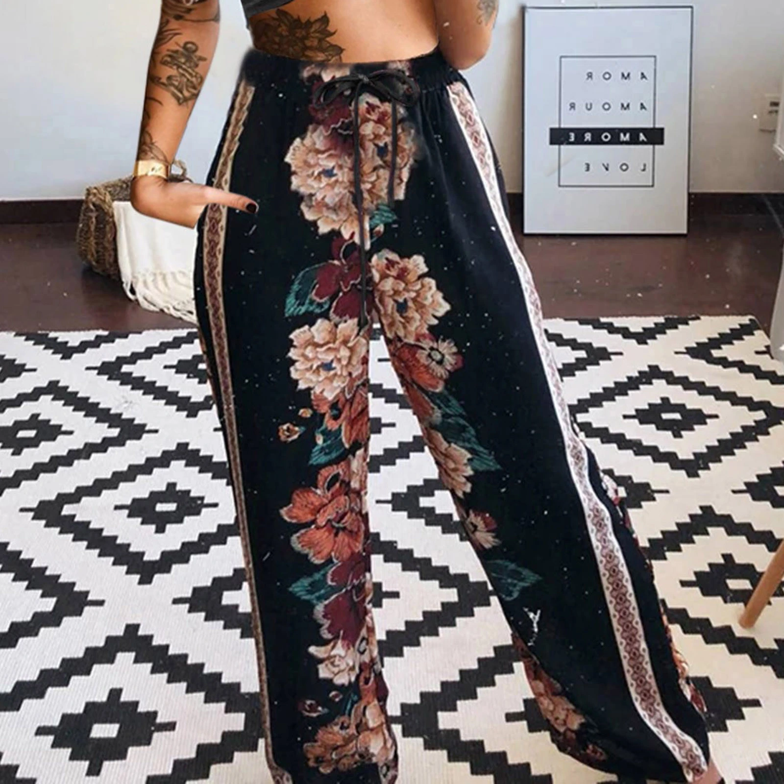 Pantalones estampados De cintura alta para Mujer, largo a rayas, con florales, pantalón De ancha, para correr|Mallas| - AliExpress