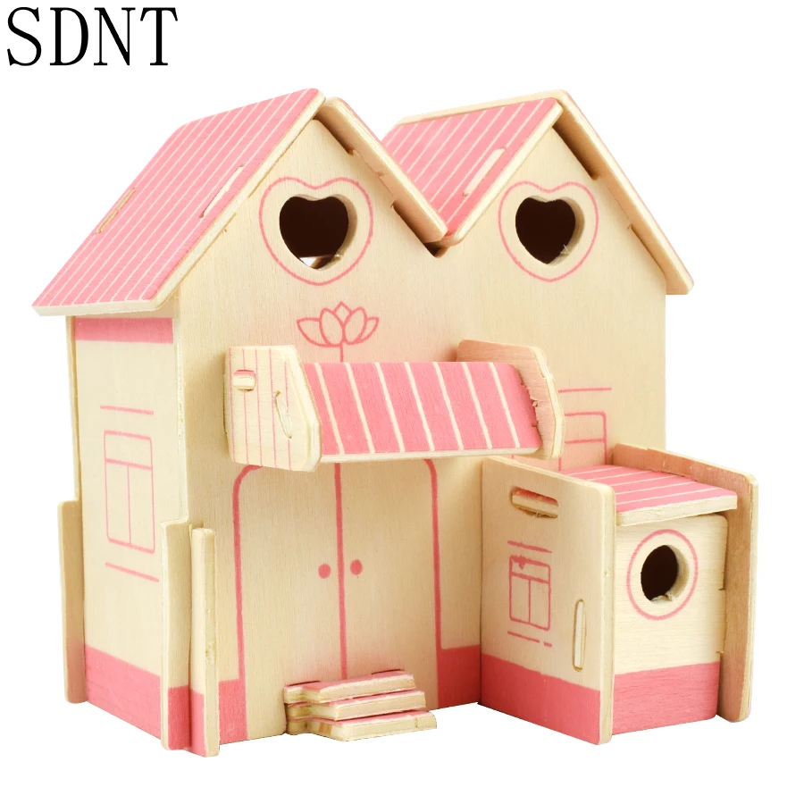

Pink Cottage Wooden Puzzles for Kids DIY House Simulation Model Kit 3D Puzzle Wood Toys for Children Brain Game Educational Gift