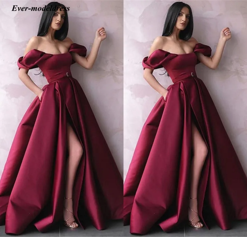 

Vintage Burgundy Off The Shoulder Evening Dresses 2019 Short Sleeves Zipper Back Arabic Formal Prom Gown With Pockets Side Slit