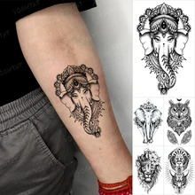 Ganesha Temporary Tattoo Sticker Lion Tiger Animal Owl Black Tatoo Arm Shoulder Hand For Men Women Glitter Tattoos Kids Body Art