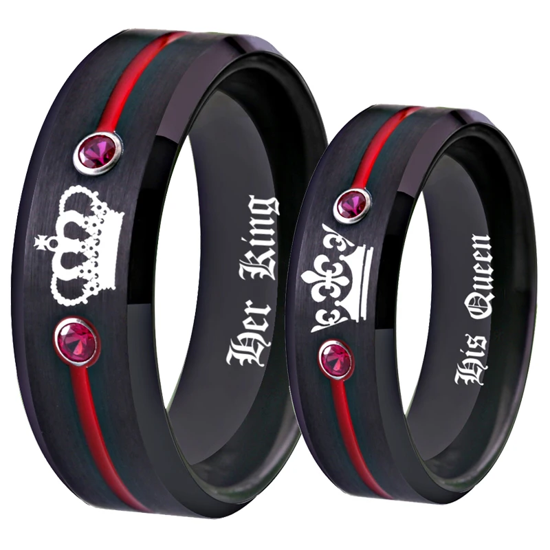 Tungsten Carbide Ring HIs Queen- Her King Ring Black Tungsten With Red CZ Women Ring for Wedding Anniversary Gift Drop Ship