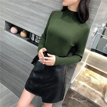 

2019 Autumn and winter new style han half high collar foundation slim body pure color stripe fashion sweater women