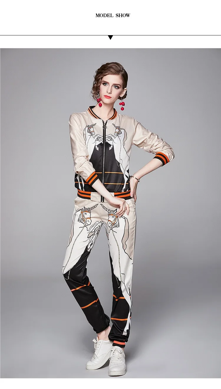 runway tracksuit women autumn winter fashion elegant Printed pants suit 2 piece set women zipper jacket pant Leggings suit