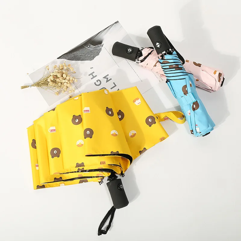 

New Style Three Fold Fully Automatic Open Close Umbrella Creative Cartoon Vinyl Sun-resistant Folding Bear Parasol