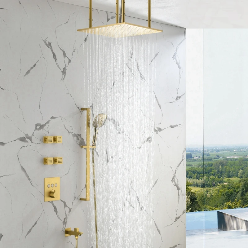 Constant Temperature Wall-in Shower Set Household Brass Pressurized Gold Concealed Mixer Square Luxury System | Обустройство дома