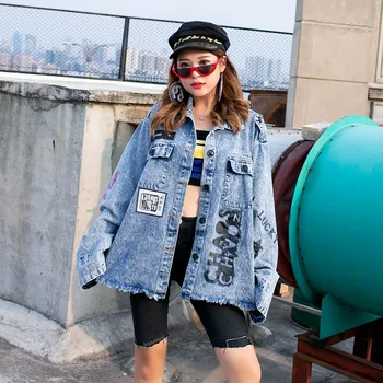 

Spring Women's Denim Jacket Print Letter Lapel Pockets Female Basic Coat Street Outerwear Plus Size Jeans Jacket Chaqueta Mujer