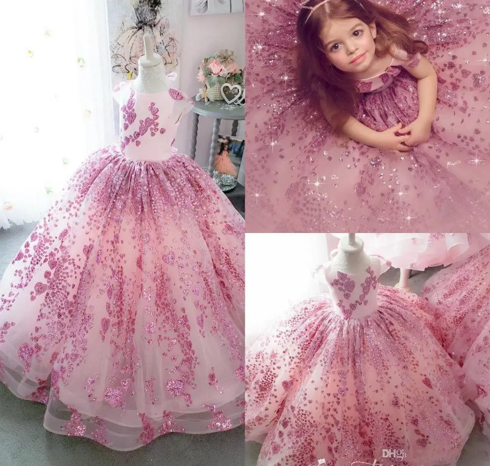 

Bling Bling Little Girls Pageant Dresses Lace Sequins Cap Sleeve Ball Gown Flower Girl Dress For Wedding Kids Formal Wear