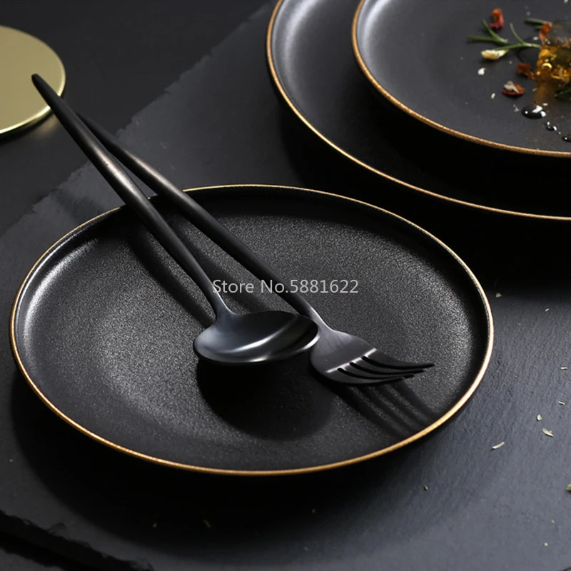 Tableware Ceramic Dinner Plate Set Dish 8/10 Inch Porcelain Cute Dessert Plate Dinnerware Black Frosted Steak