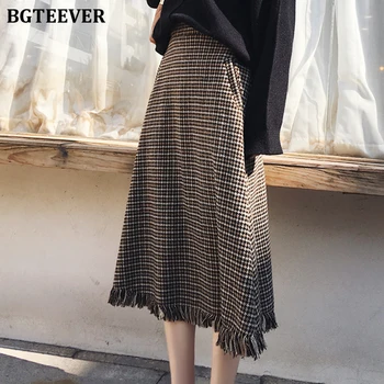 

BGTEEVER Vintage High Waist Houndstooth Tassel Hem Female Skirts A-line Pockets Loose Women Midi Skirts Streetwear 2020 Spring
