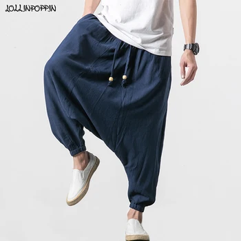 

Men Drop Crotch Linen Harem Pants Drawstring Elastic Waist Mens Low Crotch Casual Bloomers Man Loose Cotton & Linen Trousers