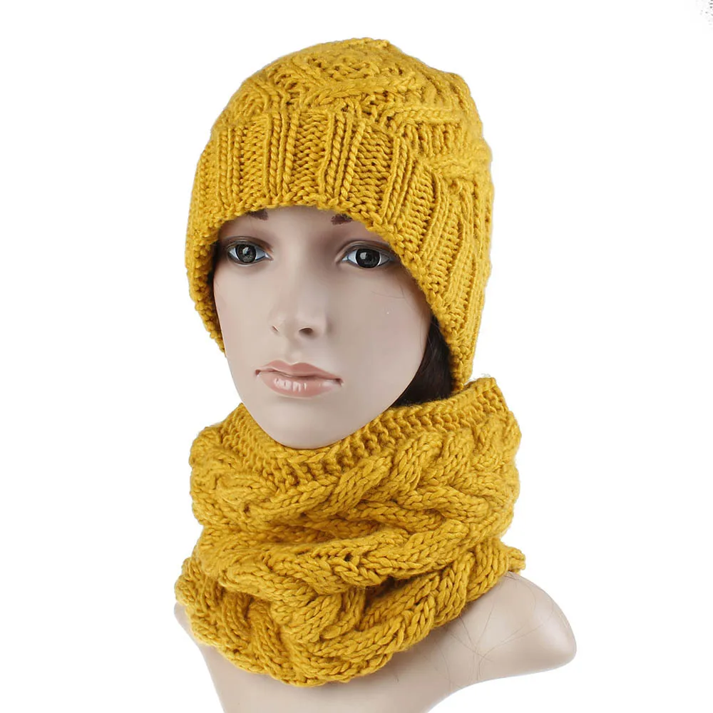 Новинка, Женская осенне-зимняя шапка, шарф, набор, одноцветная вязаная шапка, теплый шарф для девочек, модная шапка