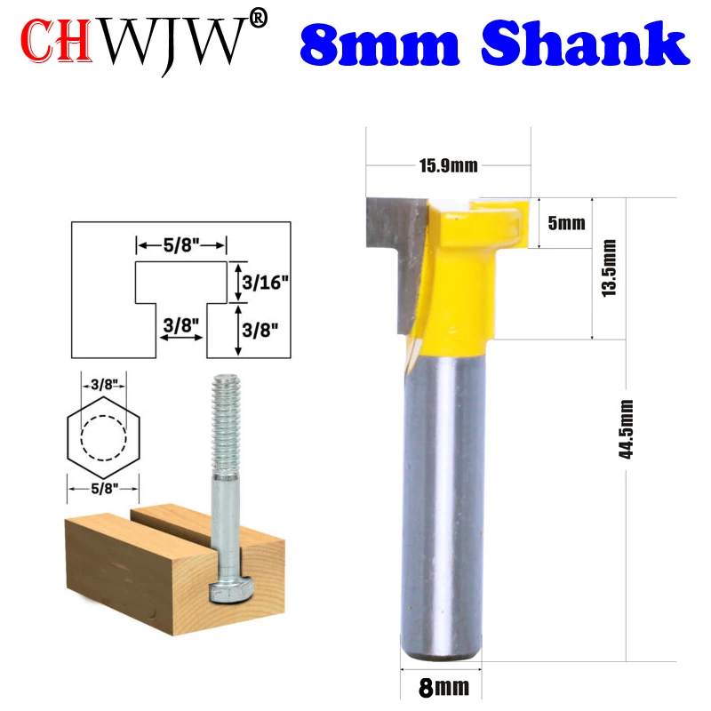 

CHWJW 1PC 8mm Shank 3/8" Hex Bolt T Slot Router Bit