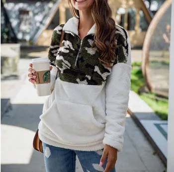 

2019 Autumn and Winter Women Patchwork Leopard Print Camouflage Pocket Zipper blouse Coat
