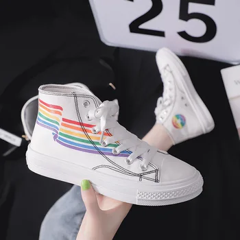 

Rainbow Shoes Women's Canvas Shoes 2019 Summer Super Fire Street Shot Retro Port Wind Wild High-top Shoes Women's Board Shoes