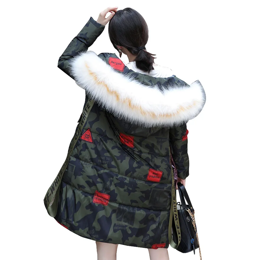 

Jacket women winter 2019 fashion large fur collar hooded winter coat women print long outwear female parka cotton-padded Jacket