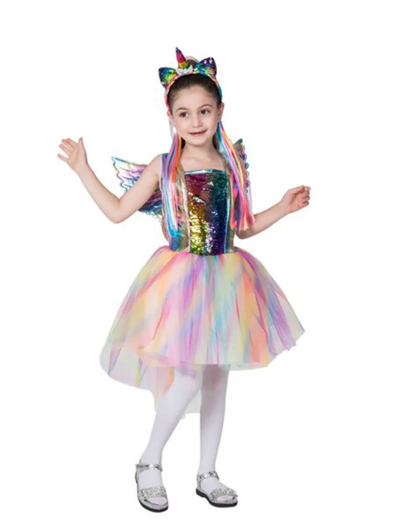 Новинка; Детские костюмы на Хэллоуин; платье для костюмированной вечеринки; милое платье с единорогом; цвет радуги; модное Забавное платье для девочек с повязкой на голову