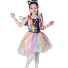 Новинка; Детские костюмы на Хэллоуин; платье для костюмированной вечеринки; милое платье с единорогом; цвет радуги; модное Забавное платье для девочек с повязкой на голову