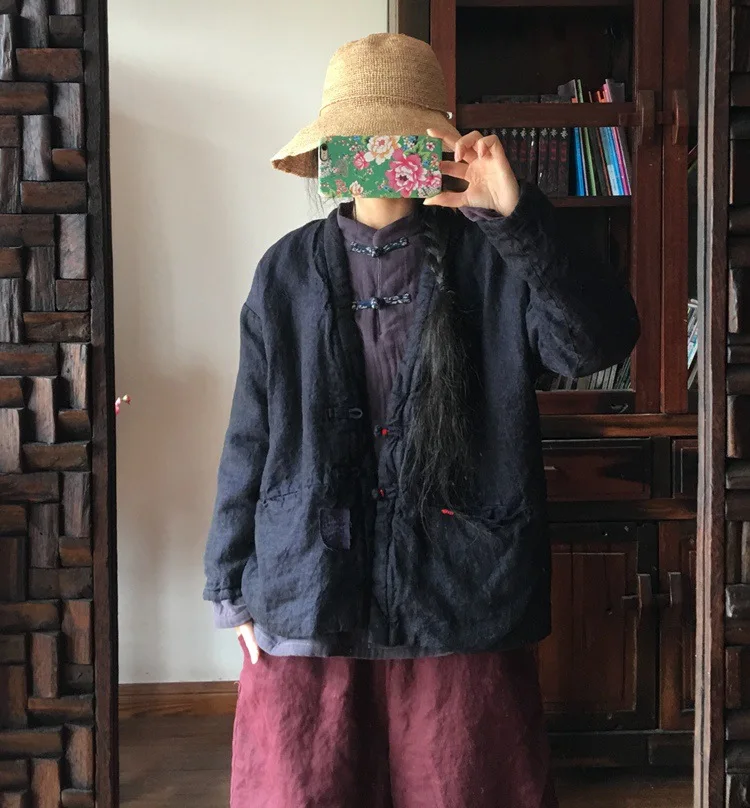 

2019 luo gu ni Retro Washing High-End Yarn Dyed Pure Linen Handmade Patch Loose-Fit Short Cotton-padded Clothes 14621