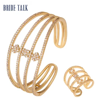 

BRIDE TALK 2019 Luxury Jewelry Gold Bangle Micro Paved Baguette Cubic Zircon Adjustable Bangle Ring Sets Fashionable In Africa