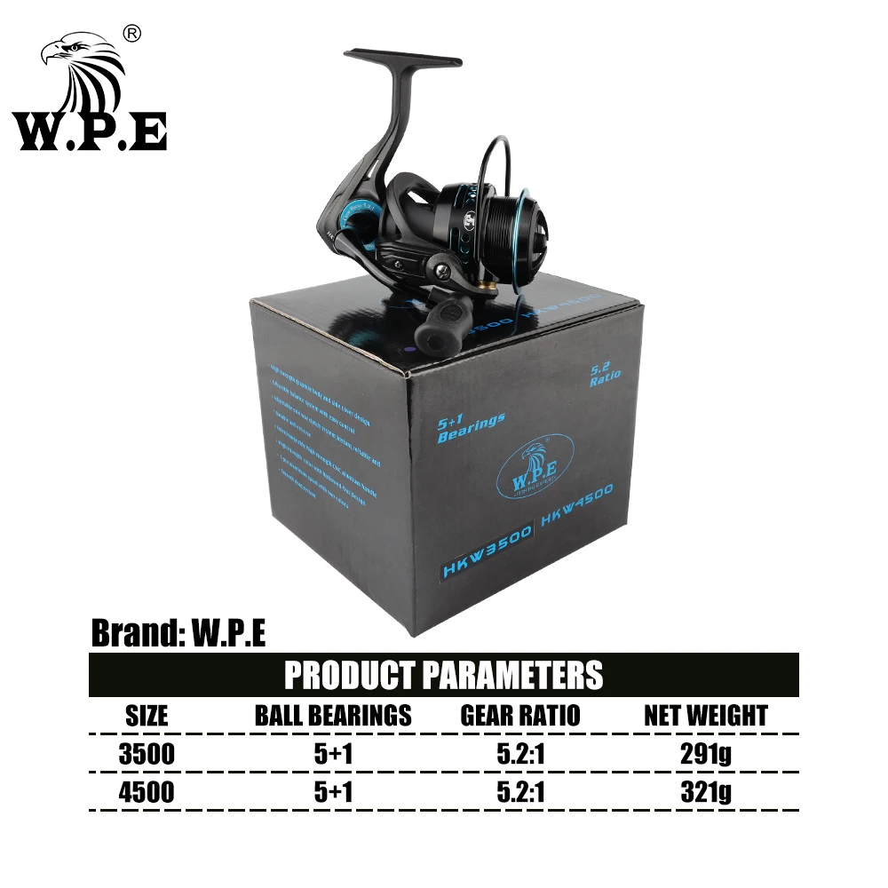 W.P.E HKW Fishing Reel 3500/4500 Spinning Fishing Reel 5.2:1 High Speed Gear Ratio 5+1 BBs Carp Fishing Reel Tackle Metal Spool