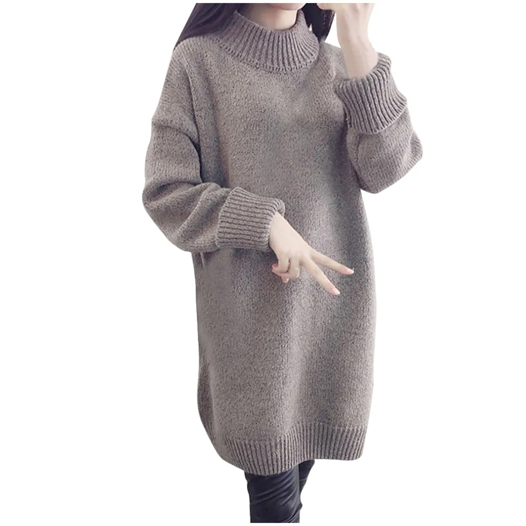 Womail платье-свитер с высоким воротом для женщин; сезон осень-зима; свободная туника с длинными рукавами; вязаный Повседневный однотонный корейский вязаный джемпер; одежда; платья - Цвет: KH