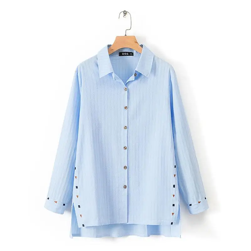 light blue Осенние женские свободные рубашки с длинными рукавами, универсальные повседневные полосатые белые блузки, хлопок, женские топы с вышивкой, большие размеры D441 - Цвет: light blue