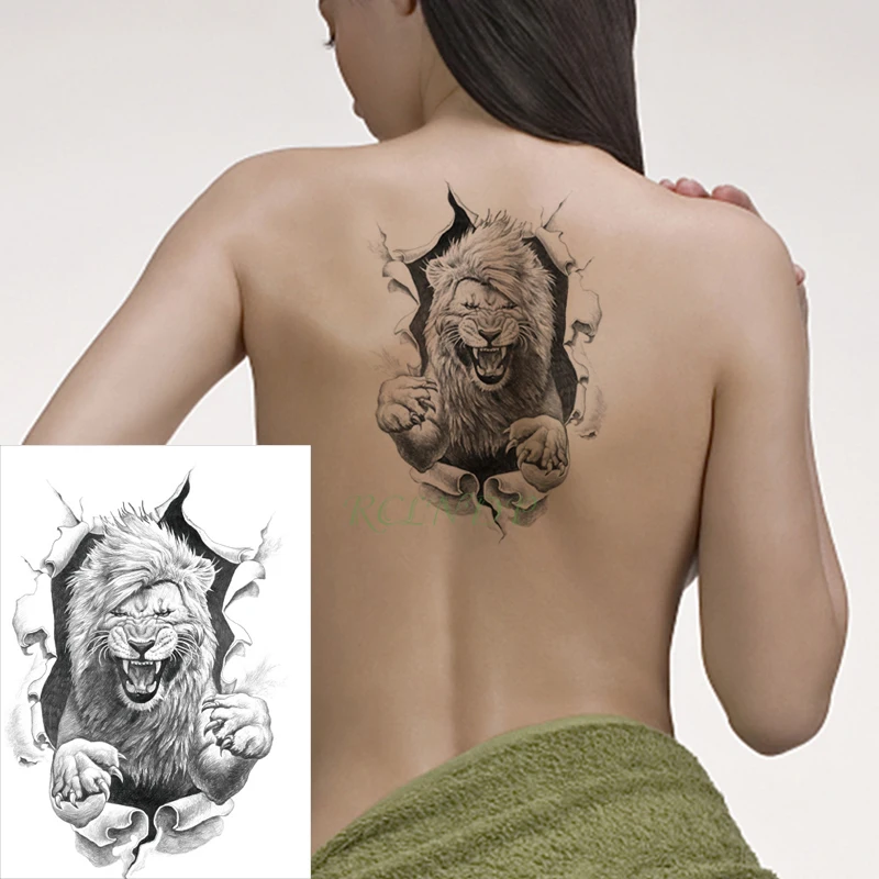Водостойкая временная татуировка, наклейка, Король Лев, большое животное, черная флэш-тату, поддельные татуировки на задней руке для мужчин и женщин