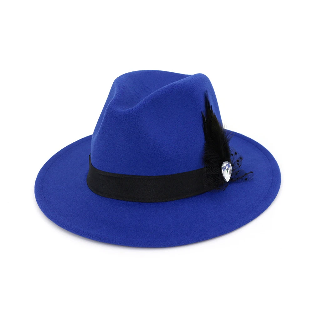 Модная мужская и женская шерстяная шляпа Fedora с пером широкая шляпа для взрослых шляпка для церкви Элегантная Дамская праздничный головной убор шляпа - Цвет: Blue