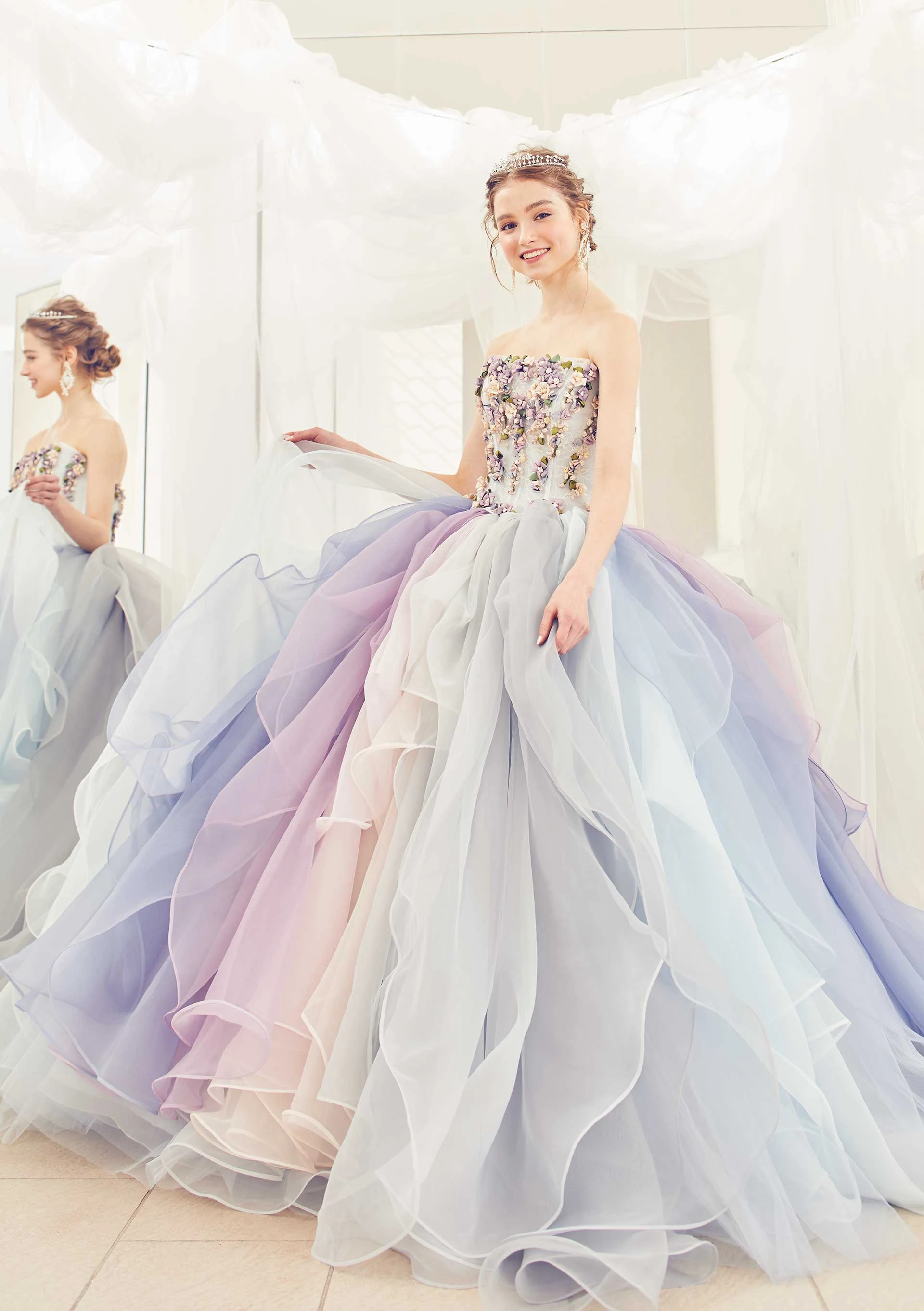 formal gowns for women Rainbow Organza Ball Gown Dress Strapless Flowers Wedding Dress Colorful Bridal Dresses With Train Lush Layered Evening Dress plus size gowns Evening Dresses