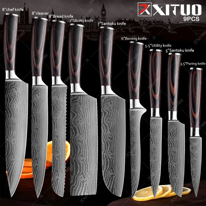 

XITUO Kitchen Chef knife Japanese Santoku Knife Laser Damascus Pattern Meat Cleaver Slicing knives Sharp Chopping Fruit Knife