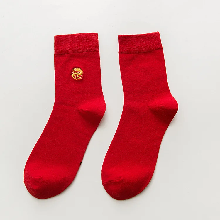 Год, носки Fate яркие красные носки с вышивкой в виде дракона и феникса, новогодние носки для мужчин и женщин, длина до середины икры