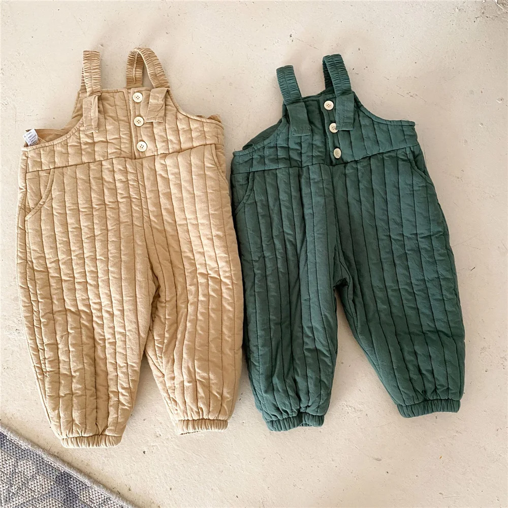 2021 Autumn Winter unisex solid color quilted overalls Korean style boys and girls warm thick casual suspender trousers 2-6Y