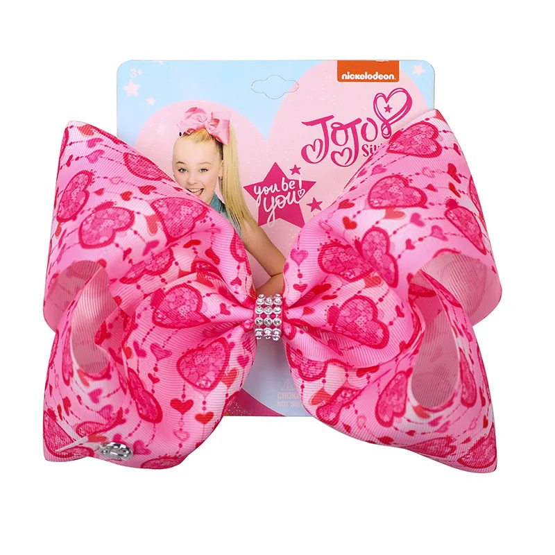 7" New Jojo Siwa Hair Bows for Girls Print Ribbon JOJO BOWS Handmade Rhinestone Hair Clip Valentine's Day Hair Accessories