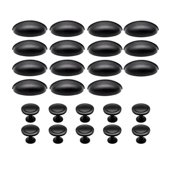 

25Pcs Cabinet Bin Cup Pulls and Knobs Set Including 15Pcs Matte Black Coating Cupboard Pulls and 10Pcs Round Knobs
