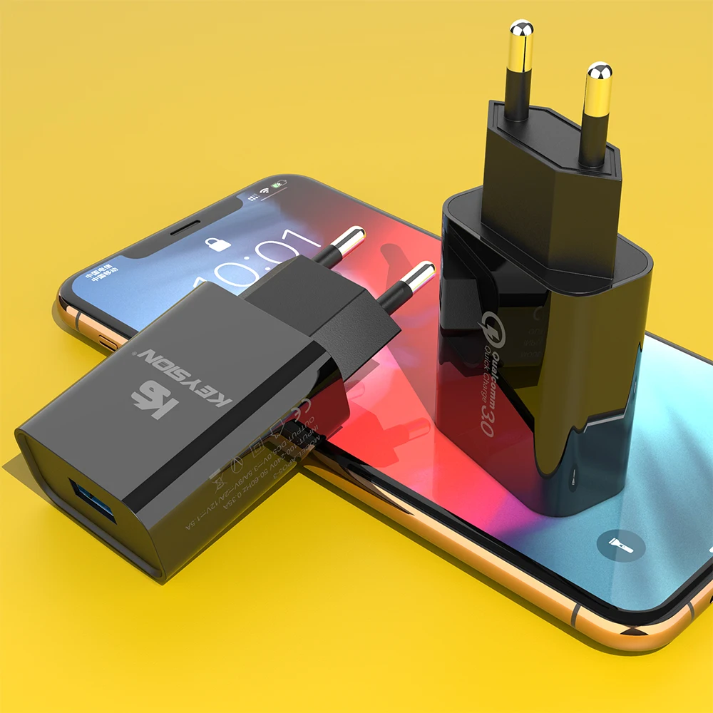 KEYSION 18 Вт Быстрая зарядка 3,0 Быстрая зарядка для мобильных телефонов штепсельная вилка европейского стандарта настенное USB зарядное устройство адаптер для iPhone samsung Xiaomi Redmi huawei - Тип штекера: EU Black
