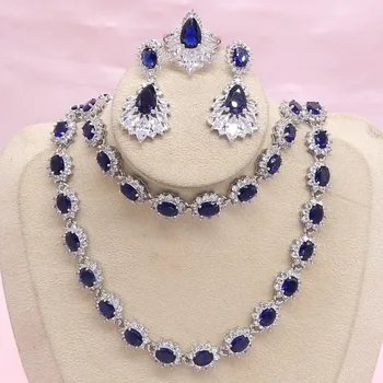 

925 Silver Jewelry Sets For Women Blue Semi-precious Earrings Bracelet Pendant Necklace Ring Party Bridal Jewelry