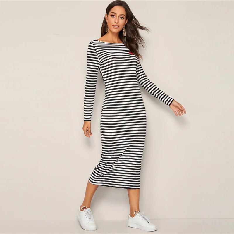 Dotfashion Повседневное платье-карандаш в полоску с сердечками для женщин осеннее облегающее женское платья средней длины с цветным блоком и длинным рукавом