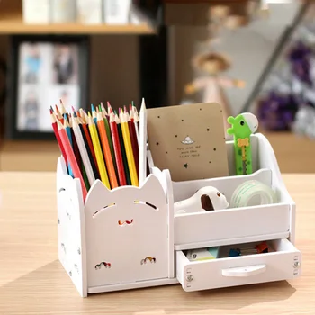 

Multi-function 4 Grid Wood Box Desktop Pen Holder Office School Stationery Storage Case Desk Pen Pencil Organizer Phone Holder